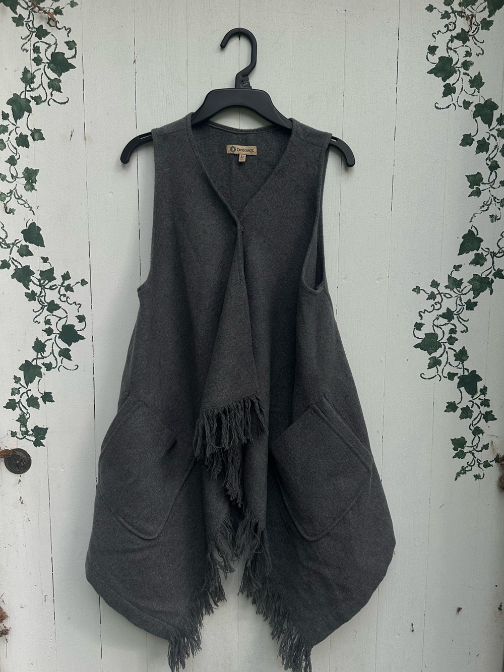 Y2K Cottagecore Wool Blend Dark Gray Fringe Open Front Vest Coat